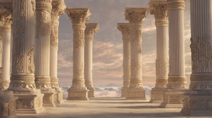 Naklejka premium Ornate classical colonnade receding into soft light and clouds, rendering an ethereal space