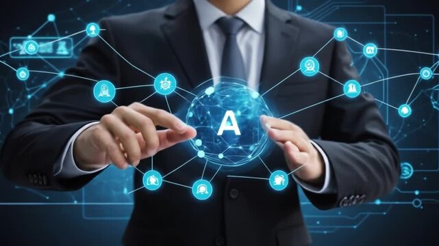 AI business and generative artificial intelligence. Data analysis and robotic process automation. A businessman touches an AI icon on an application network system. 4k video