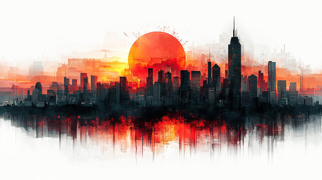 Watercolor illustration of a city center with skyscrapers at sunset, isolated on a transparent background. PNG