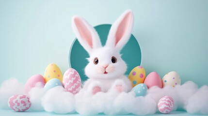 Cute Easter bunny sitting amidst pastel eggs and clouds against a mint green background.