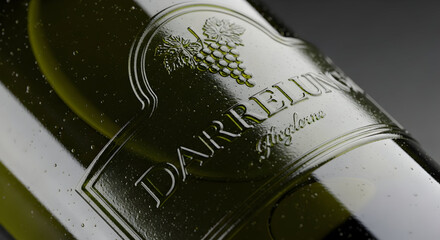 Closeup of a green wine bottle label with grape design and water droplets