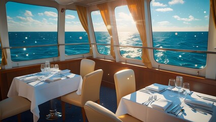 Fototapeta premium Serene Oceanview Dining Space Aboard Modern Vessel with Sunlit Tables 