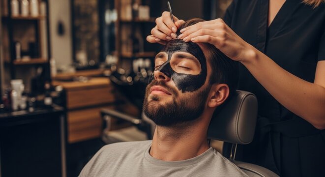 Barber applies a black charcoal facial mask to a man s face during a grooming session