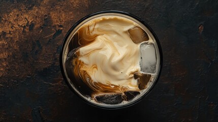 Top view of an iced coffee drink with swirled cream.