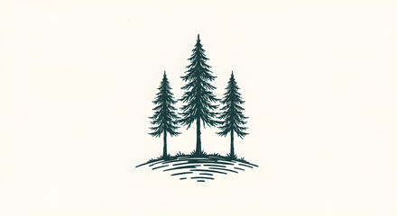 Fototapeta premium Minimalist Illustration of Three Pine Trees on a Curved Ground Line in Monochrome Style