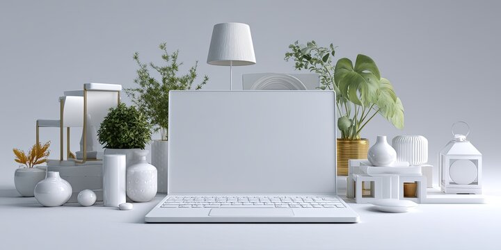 Minimalist white workspace scene with laptop, plants, and decorative objects