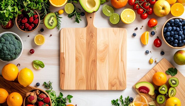 Overhead kitchen island scene with breadboard, fresh fruits, and clear workspace. Bright, organized, and inviting, perfect for cooking, food prep, and lifestyle photography projects.