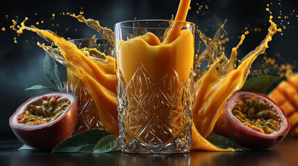 Mango juice splash collection. Drinking glass. yellow swirl splashes. 3d mango smoothie Tropical liquid beverage 3d realistic vector icon set
