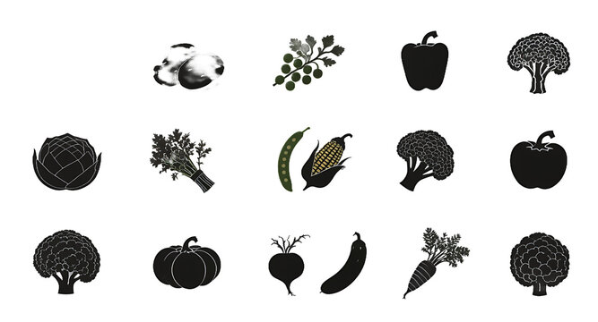 Assortment of Vegetable Silhouettes on White Background