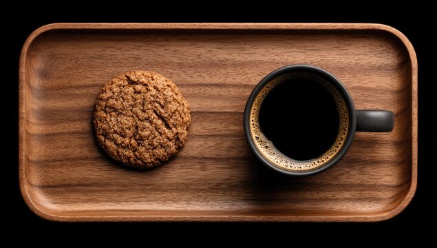 Wooden tray with a cookie and a cup of coffee