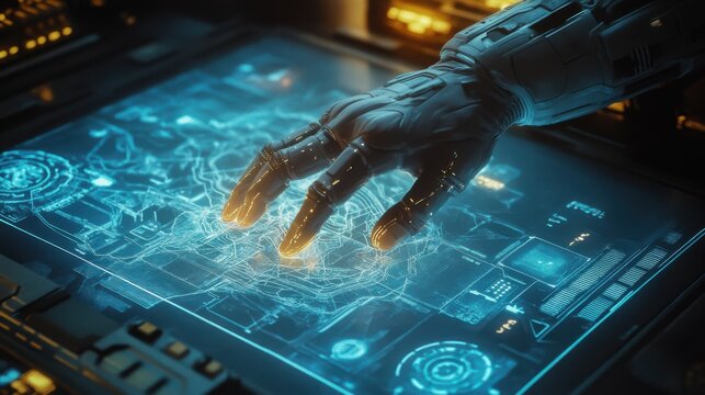 Futuristic hand interacting with a holographic map display.