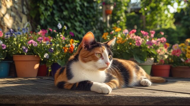 Calico cat relaxes on wooden surface near colorful flower pots