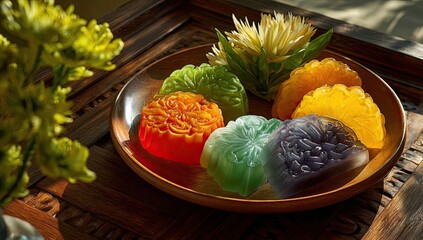 Colorful, decorative cakes or pastries arranged on a wooden plate, alongside yellow flowers