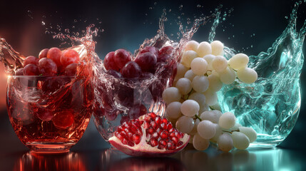 White and red wine grapes in realistic juice splash. Vector icon set