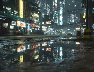 Neon-lit city street at night, reflected in a puddle