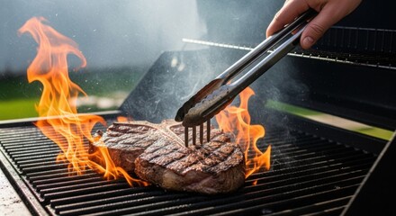 Chef uses tongs to flip a thick juicy steak cooking on a flaming grill outdoors