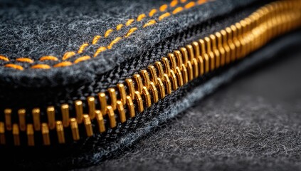 Close-up of a dark gray fabric with a gold zipper.  Orange stitching accents the zipper