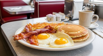 Classic american diner breakfast with pancakes fried eggs and crispy bacon served with coffee