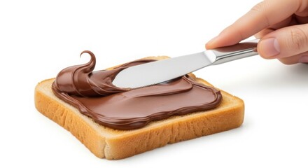 Close up of a hand spreading creamy chocolate hazelnut spread on a slice of toasted bread