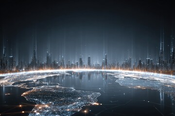 Futuristic city skyline over a globe