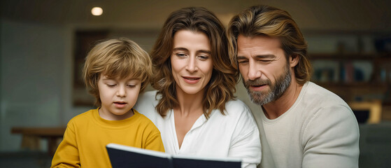 Family reading storybook: a warm and tender moment, a family, a mother, father, and young child huddled together as they read a captivating storybook.