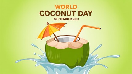 Refreshing coconut water drink with umbrella and straw for world coconut day