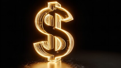 Glowing 3D yellow dollar sign with golden neon lighting on black background, financial concept