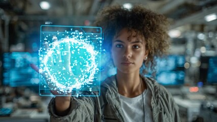 A woman in a tech environment holds a glowing blue digital interface, showcasing advanced data - Powered by Adobe