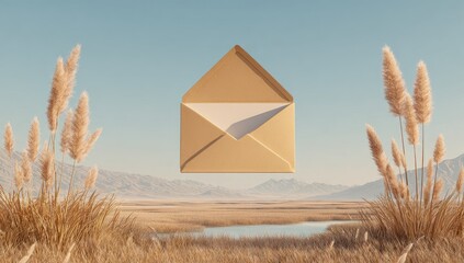 Open beige envelope floats over a serene, golden landscape