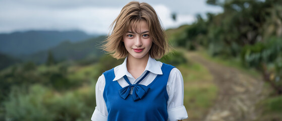 Smiling Beauty in Nature's Embrace: A young woman exudes serene confidence, her eyes sparkling with a gentle glow against a backdrop of rolling hills and an overcast sky.