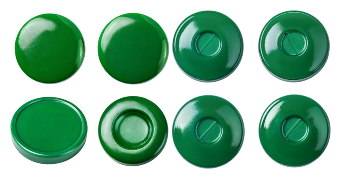 Assorted Green Circular Plastic Discs with Glossy and Matte Finishes, isolated on transparent background