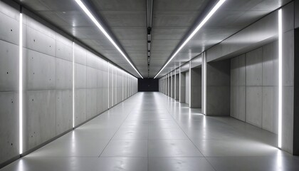 Long, sleek corridor with concrete walls and bright linear lighting
