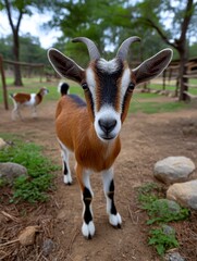 Curious goat in a pasture