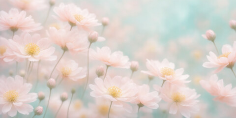 Pink blossoms gently sway in a dreamy, serene background. This tranquil setting evokes peace and the essence of spring renewal and softness.