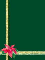 金色のリボンをかけた緑色のプレゼントボックスにポインセチアを添えたクリスマスフレーム。クリスマスのメッセージにぴったりな大人っぽいイラスト。