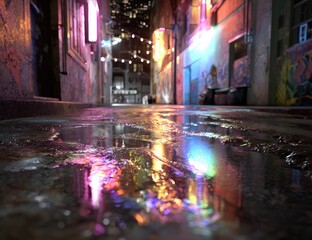 Night alleyway, puddles reflecting vibrant neon lights