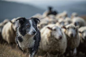 Close-up of a sheepdog expertly herding a flock of sheep across a rolling hillside
