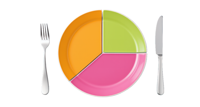 Colorful Segmented Plate with Fork and Knife on Blue Background - Powered by Adobe