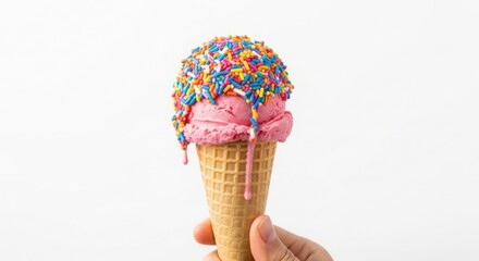 Delicious pink ice cream cone with colorful sprinkles melting on a white background