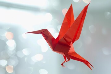 Crafting a vibrant red origami bird with intricate folds and elegant wings in a bright indoor setting during daylight hours