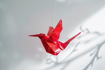Bright red origami bird suspended against a soft background showcasing paper art and creativity