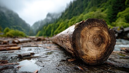 A weathered log rests on a riverbank strewn with felled timber, amidst misty mountains
