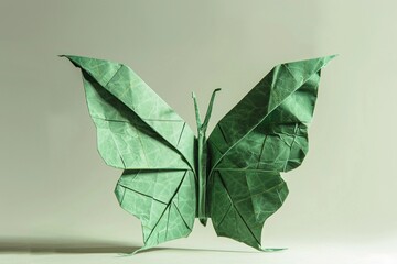 Beautiful origami butterfly crafted from green paper with intricate folds displayed against a simple background