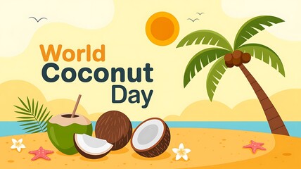 Naklejka premium World coconut day celebration with tropical beach scene and refreshing coconut drink
