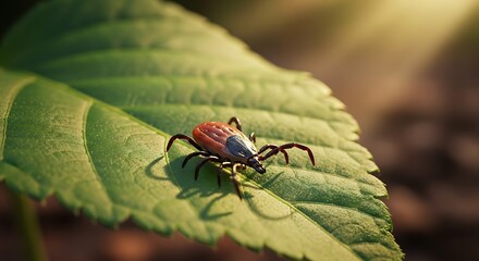 Tick Crawling on a Green Leaf in Sunlight, Symbolizing Outdoor Exposure to Pests