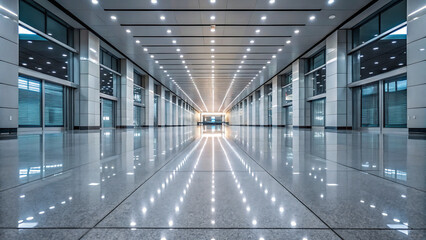 Fototapeta premium Modern airport terminal interior showcasing clean architecture and glossy floors for a futuristic feel