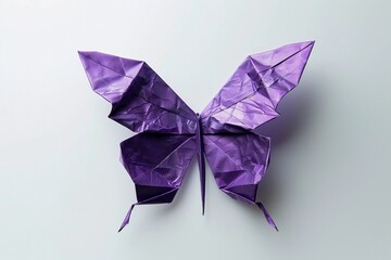 Beautiful purple origami butterfly crafted from colorful paper placed on a light background
