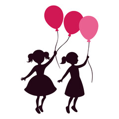 Girls holding colorful balloons vector on white background.