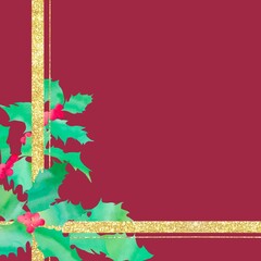 金色のリボンをかけた赤色のギフトボックスにヒイラギを添えたクリスマスフレーム。クリスマスメッセージにぴったりなイラスト。