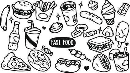 Fast Food Icons Doodle Set – Burger, Pizza, Soda, Fries, Snack, Junk Food, Delicious, Doodle, Vector, Icon, Hand-Drawn, Tasty, Cheese, Foodie, Meal, Takeout, Eat, Comfort Food